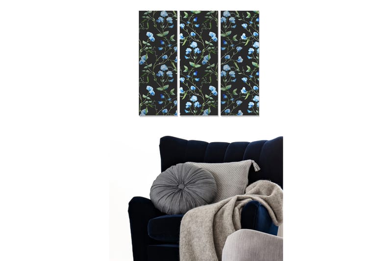 Puinen canvastaulu, 3 osaa, 50x70 cm - Kukkakuvio, jossa sinisiä herneitä mustalla taustalla, Sininen / Vihreä / Musta