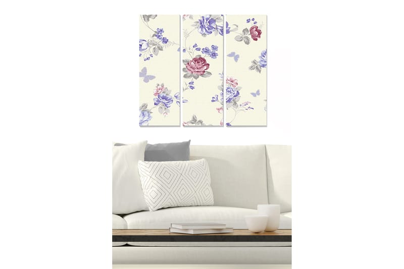 Puinen canvastaulu, 3 osaa, 50x70 cm - Kukkakuvio vaaleanpunaisilla ja sinisillä sävyillä, Vaaleanpunainen / Sininen / Harmaa
