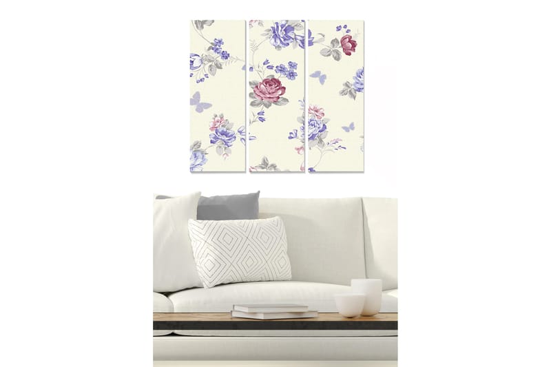 Puinen canvastaulu, 3 osaa, 50x70 cm - Kukkakuvio vaaleanpunaisilla ja sinisillä sävyillä, Vaaleanpunainen / Sininen / Harmaa