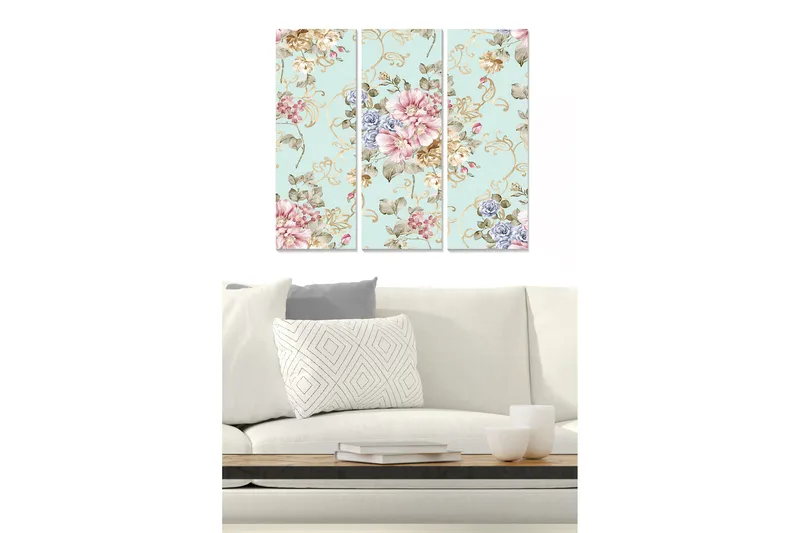 Puinen canvastaulu, 3 osaa, 50x70 cm - Kukkakuvio pastelliväreillä ja eleganteilla yksityiskohdilla, Vaaleansininen / Vaaleanpunainen / Beige