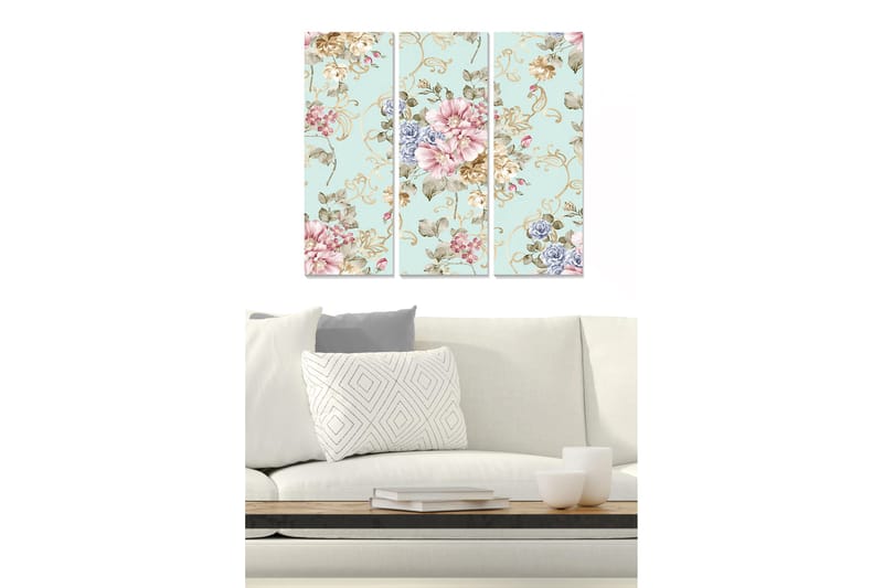 Puinen canvastaulu, 3 osaa, 50x70 cm - Kukkakuvio pastelliväreillä ja eleganteilla yksityiskohdilla, Vaaleansininen / Vaaleanpunainen / Beige