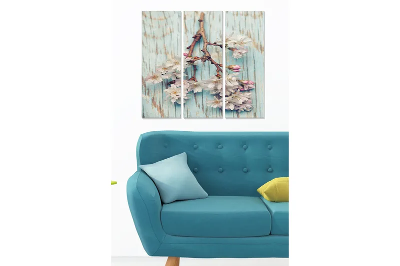 Puinen canvastaulu, 3 osaa, 50x70 cm - Kukkaoksa vaaleanpunaisilla kukilla vaaleansinistä taustaa vasten, Vaaleansininen / Vaaleanpunainen