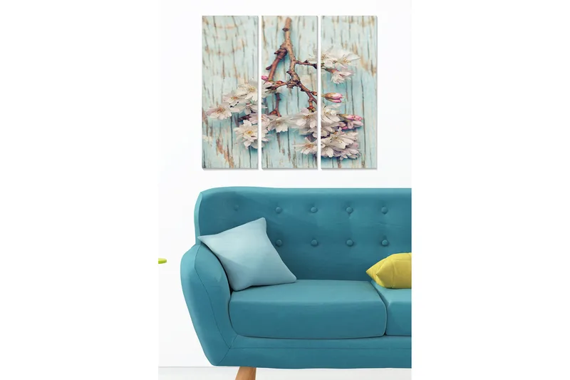 Puinen canvastaulu, 3 osaa, 50x70 cm - Kukkaoksa vaaleanpunaisilla kukilla vaaleansinistä taustaa vasten, Vaaleansininen / Vaaleanpunainen