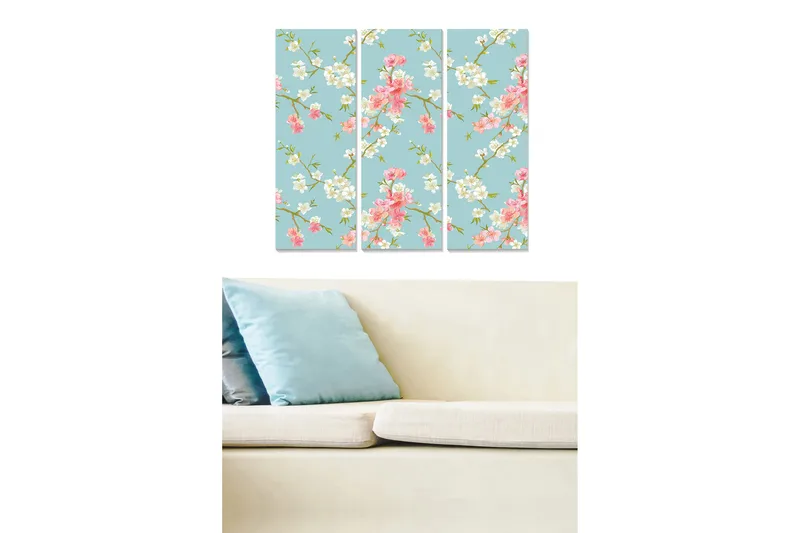 Puinen canvastaulu, 3 osaa, 50x70 cm - Kukkasommitelma, jossa vaaleanpunaisia ja valkoisia kukkia vaaleansinisellä pohjalla, Vaaleansininen / Vaaleanpunainen / Valkoinen