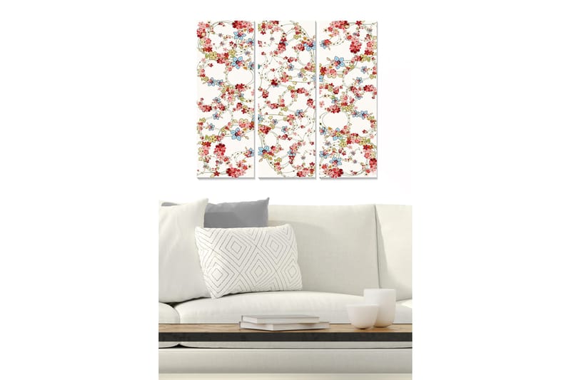 Puinen canvastaulu, 3 osaa, 50x70 cm - Kukkasommitelma punaisilla ja sinisillä yksityiskohdilla, Punainen / Sininen / Vihreä