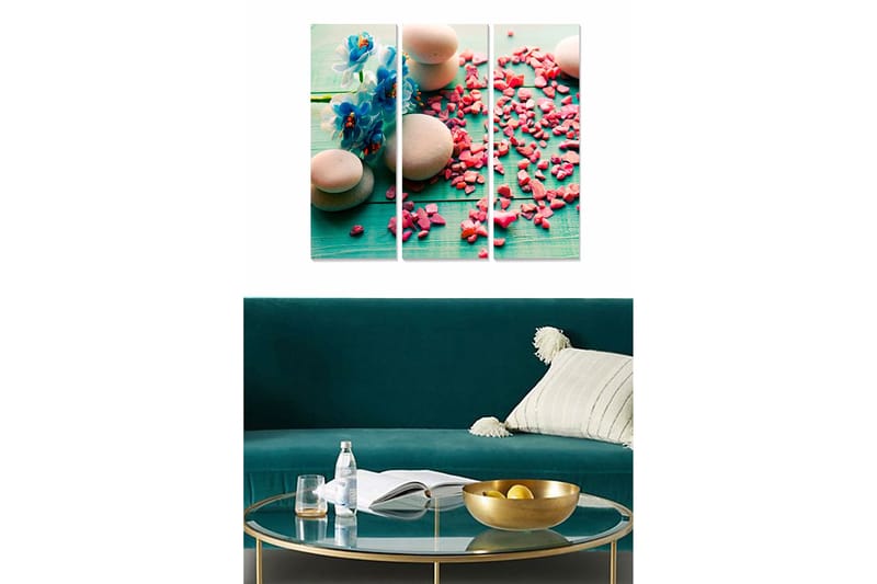 Puinen canvastaulu, 3 osaa, 50x70 cm - Kukkia ja kiviä turkoosilla pohjalla, vaaleanpunaisilla koristeilla, Turkoosi / Vaaleanpunainen / Beige