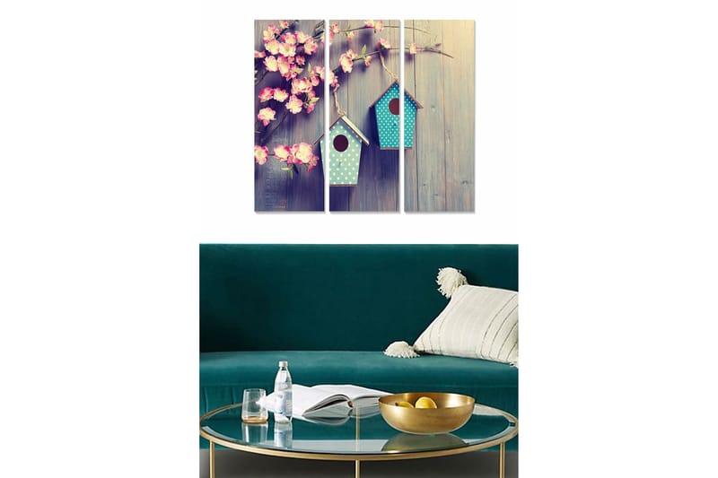Puinen canvastaulu, 3 osaa, 50x70 cm - Kukkia ja linnunpönttöjä puisella taustalla, Vaaleanpunainen / Turkoosi / Beige