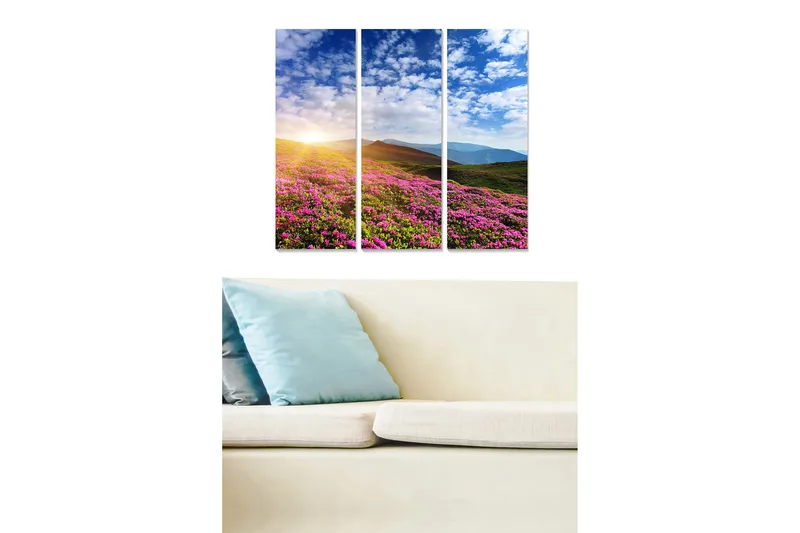 Puinen canvastaulu, 3 osaa, 50x70 cm - Kukkiva niitty värikkäillä kukilla ja auringonnousu taustalla, Vaaleanpunainen / Vihreä / Sininen