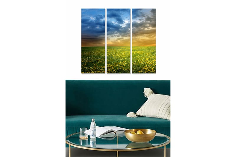Puinen canvastaulu, 3 osaa, 50x70 cm - Kukkiva pelto keltaisten voikukkien kanssa dramaattisen taivaan alla, Keltainen / Sininen / Vihreä