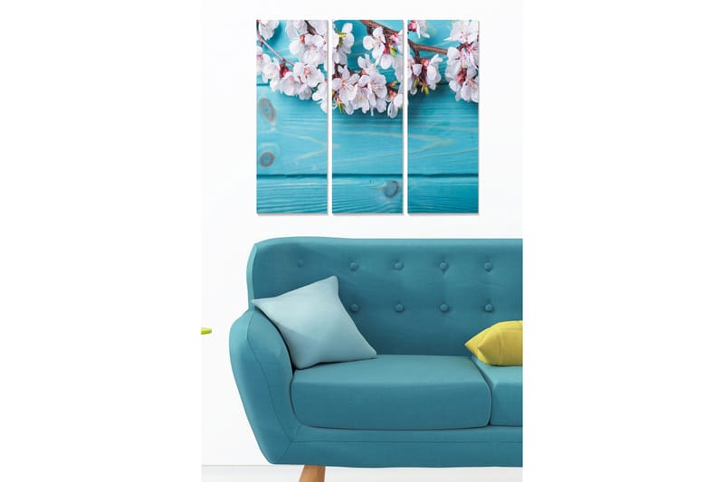 Puinen canvastaulu, 3 osaa, 50x70 cm - Kukkivia kirsikanoksia turkoosia taustaa vasten, Turkoosi / Valkoinen / Vaaleanpunainen