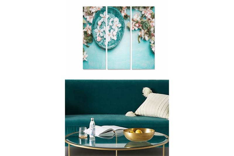 Puinen canvastaulu, 3 osaa, 50x70 cm - Kulho kukilla turkoosilla pohjalla, Turkoosi / Valkoinen / Vaaleanpunainen