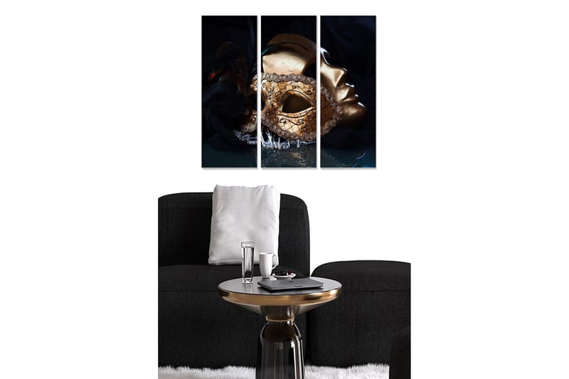 Puinen canvastaulu, 3 osaa, 50x70 cm - Kultainen naamio monimutkaisilla yksityiskohdilla ja salaperäisellä tunnelmalla, Kulta / Musta / Tummansininen