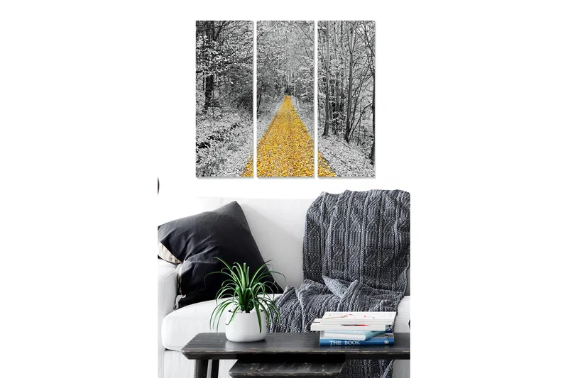 Puinen canvastaulu, 3 osaa, 50x70 cm - Kultainen tie, lumihuippuiset puut, Keltainen / Musta / Valkoinen
