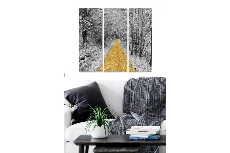 Puinen canvastaulu, 3 osaa, 50x70 cm - Kultainen tie, lumihuippuiset puut, Keltainen / Musta / Valkoinen