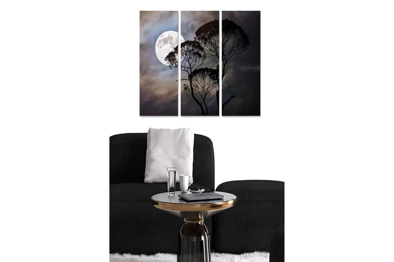 Puinen canvastaulu, 3 osaa, 50x70 cm - Kuunvalo hohtaa puiden siluettien yllä dramaattisella taivaalla, Tummansininen / Musta / Harmaa