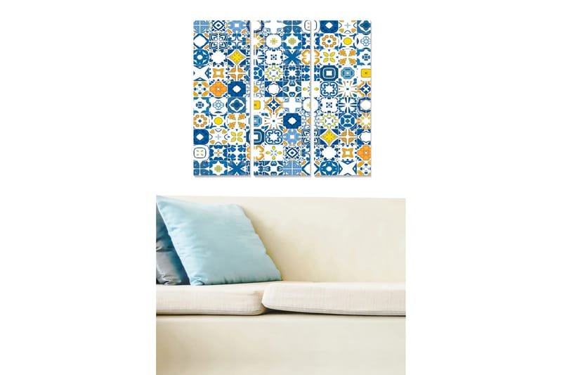 Puinen canvastaulu, 3 osaa, 50x70 cm - Kuvioitu seinäkoriste, jossa sinisiä ja keltaisia geometrisia muotoja, Sininen / Keltainen / Oranssi