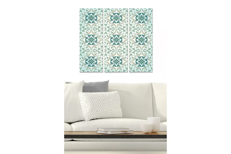 Puinen canvastaulu, 3 osaa, 50x70 cm - Kuviollinen seinäkoriste eleganteilla, geometrisilla muodoilla, Turkoosi / Vaaleanvihreä / Kulta