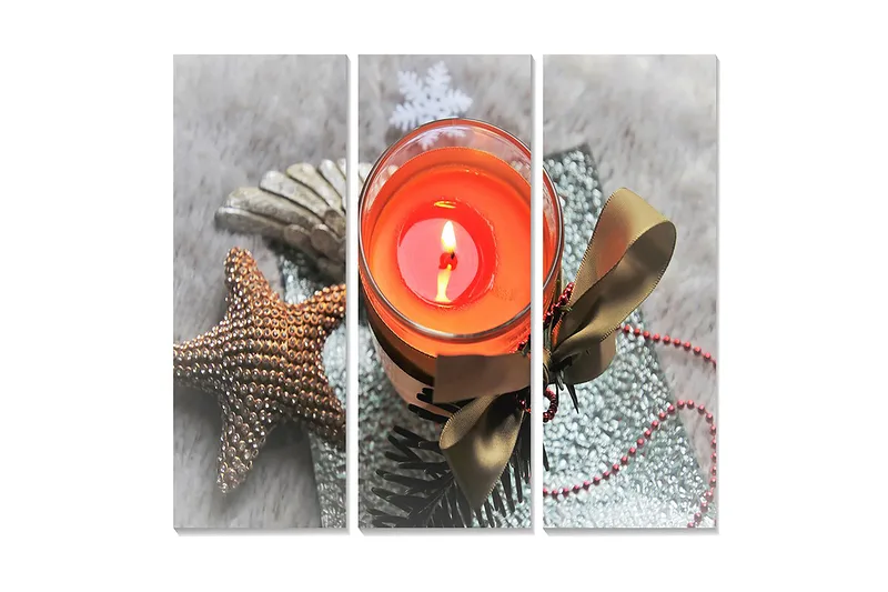 Puinen canvastaulu, 3 osaa, 50x70 cm - Lämpimän oranssin sävyinen kynttilälyhty, jota ympäröivät joulukoristeet, Oranssi / Ruskea / Vihreä