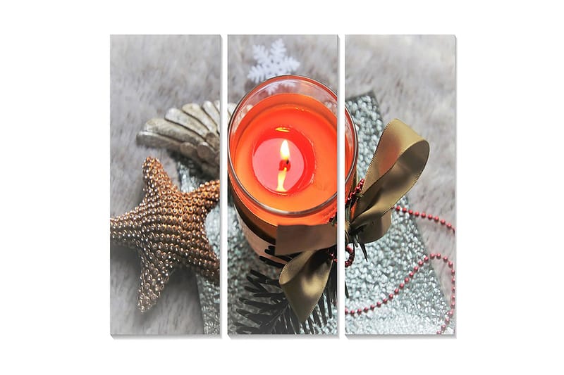 Puinen canvastaulu, 3 osaa, 50x70 cm - Lämpimän oranssin sävyinen kynttilälyhty, jota ympäröivät joulukoristeet, Oranssi / Ruskea / Vihreä