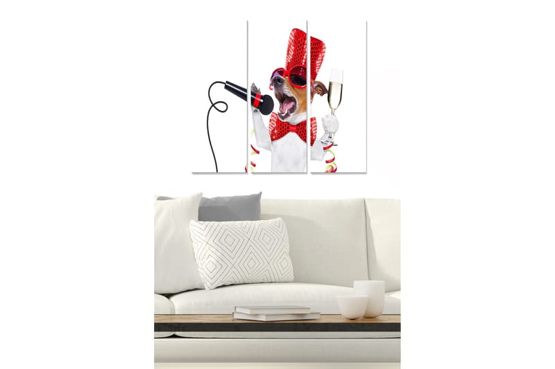Puinen canvastaulu, 3 osaa, 50x70 cm - Laulava koira juhla-asussa mikrofonin ja samppanjalasin kanssa, Punainen / Valkoinen / Musta