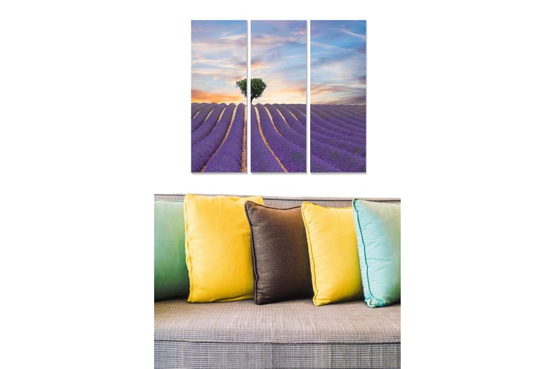 Puinen canvastaulu, 3 osaa, 50x70 cm - Laventelipelto auringonlaskun aikaan ja yksinäisen puun siluetti, Violetti / Vihreä / Oranssi