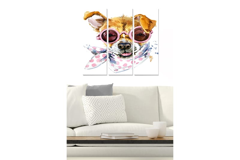 Puinen canvastaulu, 3 osaa, 50x70 cm - Leikkisä koira aurinkolaseissa ja huivissa - Ruskea / Vaaleanpunainen / Valkoinen - Sisustustuotteet - Taulu & taide - Canvas-taulu