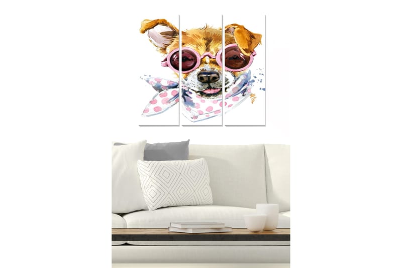Puinen canvastaulu, 3 osaa, 50x70 cm - Leikkisä koira aurinkolaseissa ja huivissa, Ruskea / Vaaleanpunainen / Valkoinen
