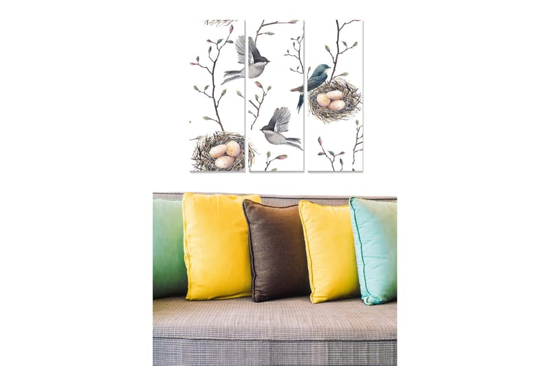 Puinen canvastaulu, 3 osaa, 50x70 cm - Linnut rakentavat pesiä munista oksarakenteeseen, Vihreä / Ruskea / Beige