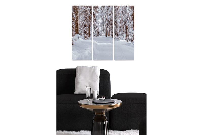 Puinen canvastaulu, 3 osaa, 50x70 cm - Luminen metsätie talvimaiseman ympäröimänä, Valkoinen / Ruskea