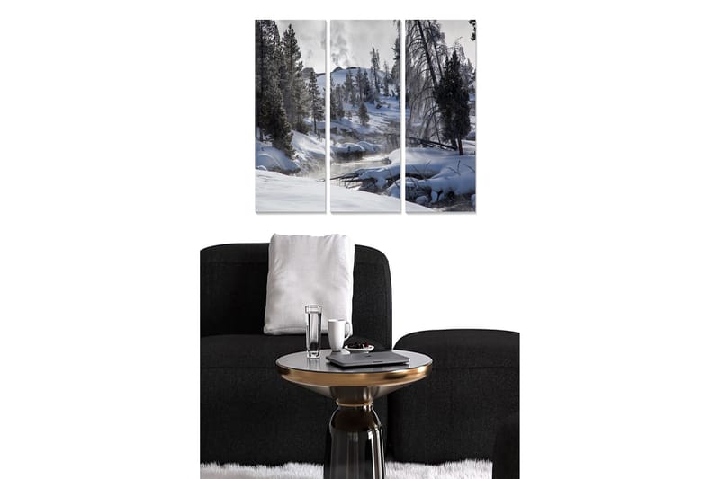 Puinen canvastaulu, 3 osaa, 50x70 cm - Luminen talvimaisema mäntyjen ja solinaavan puron kanssa, Valkoinen / Harmaa / Tummanvihreä