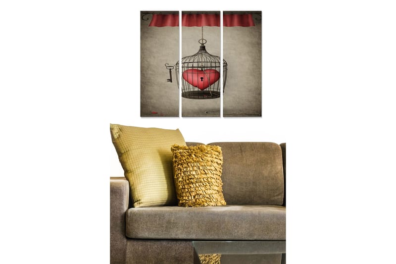 Puinen canvastaulu, 3 osaa, 50x70 cm - Lumoava lintuhäkki, jonka sisällä on sydän, Punainen / Musta / Beige
