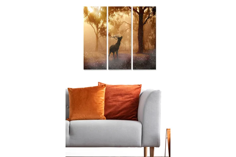 Puinen canvastaulu, 3 osaa, 50x70 cm - Majesteettinen hirvi sumuisessa metsäympäristössä, Kulta / Tummanruskea / Harmaa