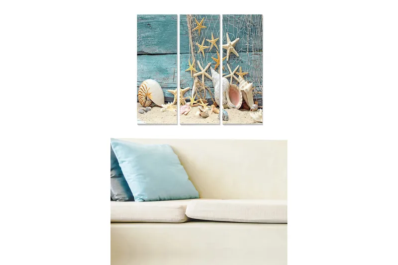 Puinen canvastaulu, 3 osaa, 50x70 cm - Meriaihe simpukoilla ja meritähdillä hiekkapohjalla, Turkoosi / Beige / Valkoinen