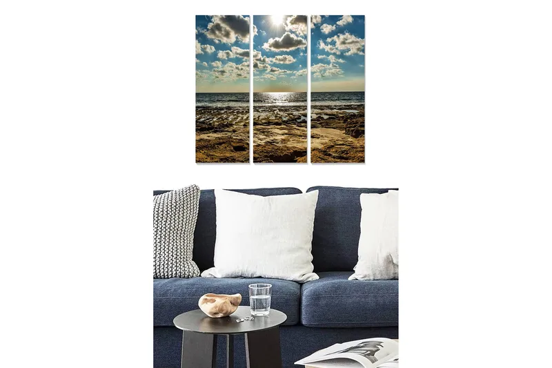 Puinen canvastaulu, 3 osaa, 50x70 cm - Merinäkymä auringonheijastuksilla ja pilvillä taivaalla, Sininen / Beige / Harmaa