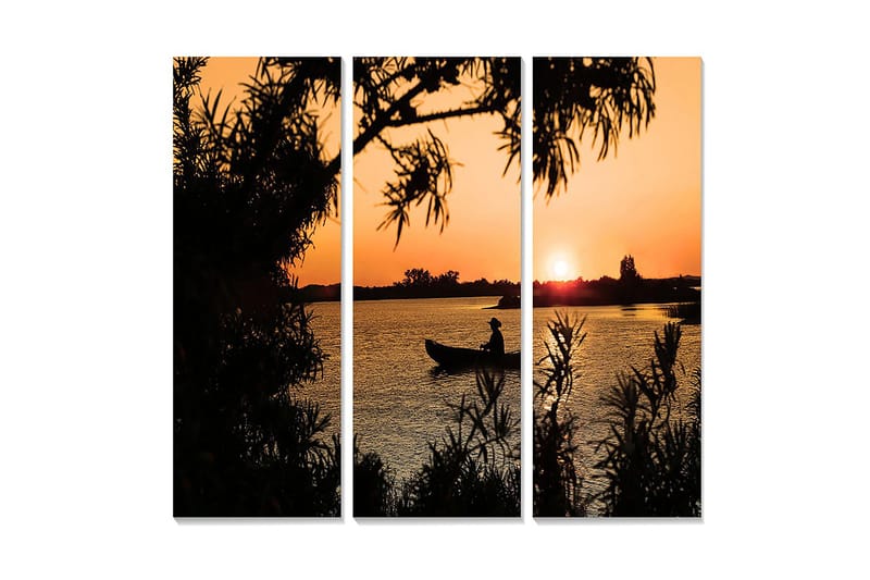 Puinen canvastaulu, 3 osaa, 50x70 cm - Miehen siluetti veneessä auringonlaskun aikaan, Oranssi / Musta