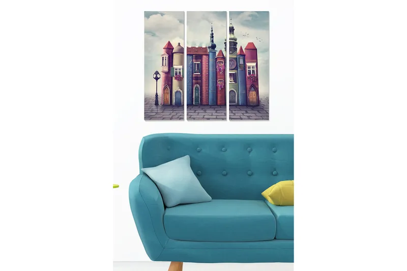 Puinen canvastaulu, 3 osaa, 50x70 cm - Mielikuvituksellinen rakennus värikkäillä torneilla ja ikkunoilla, Vaaleanpunainen / Sininen / Vihreä