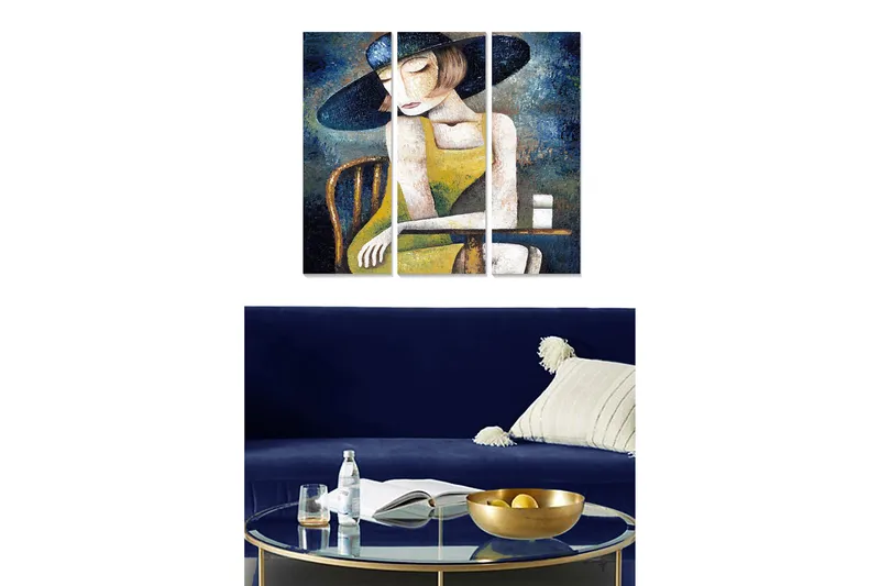 Puinen canvastaulu, 3 osaa, 50x70 cm - Mietteliäs nainen hattu päässä keltaisessa mekossa, Tummansininen / Keltainen / Valkoinen