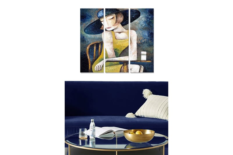 Puinen canvastaulu, 3 osaa, 50x70 cm - Mietteliäs nainen hattu päässä keltaisessa mekossa, Tummansininen / Keltainen / Valkoinen