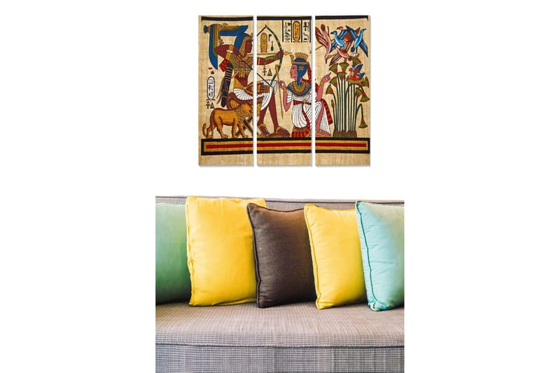 Puinen canvastaulu, 3 osaa, 50x70 cm - Muinaisen Egyptin jumalten ja kukkien kuvaus, Punainen / Sininen / Keltainen