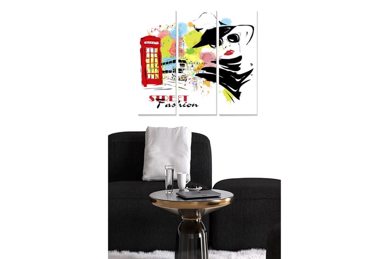 Puinen canvastaulu, 3 osaa, 50x70 cm - Muodista inspiroitunut kuvitus hatussa olevasta naisesta ja punaisesta puhelinkopista, Punainen / Musta / Keltainen