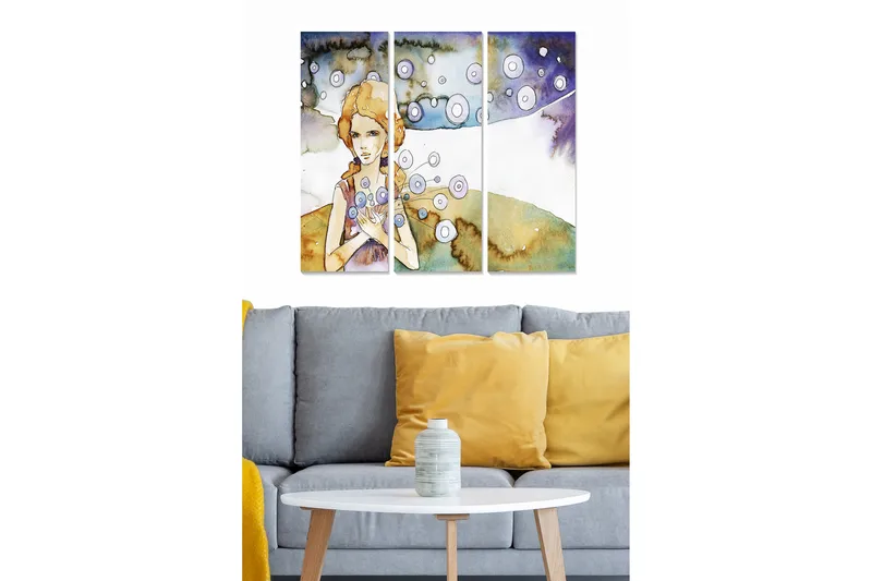 Puinen canvastaulu, 3 osaa, 50x70 cm - Muotokuva naisesta, jolla on kukkia käsissään ja jonka ympärillä leijuu ympyröitä, Vaaleansininen / Beige / Violetti