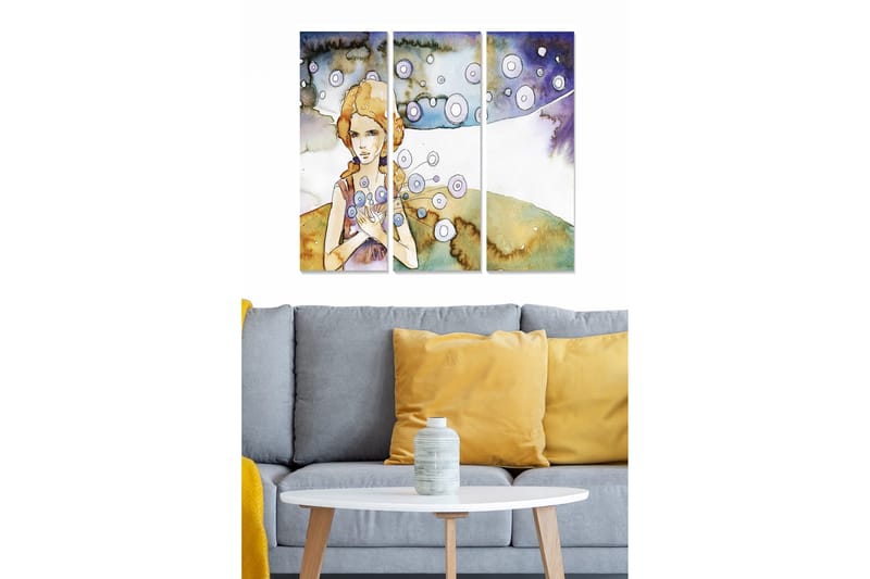 Puinen canvastaulu, 3 osaa, 50x70 cm - Muotokuva naisesta, jolla on kukkia käsissään ja jonka ympärillä leijuu ympyröitä, Vaaleansininen / Beige / Violetti