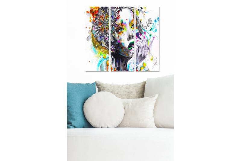 Puinen canvastaulu, 3 osaa, 50x70 cm - Muotokuva naisesta, jolla on värikkäitä kuvioita ja kukkia hiuksissaan, Harmaa / Keltainen / Punainen