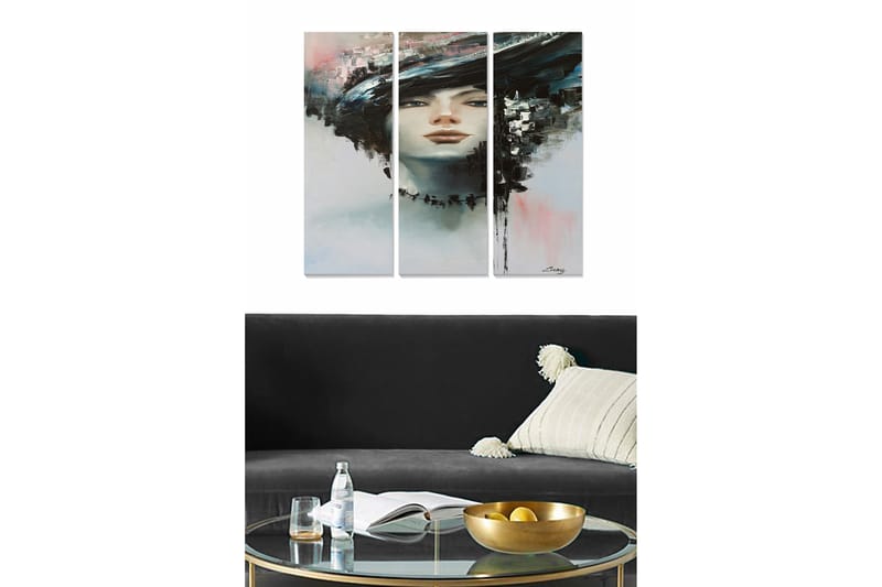 Puinen canvastaulu, 3 osaa, 50x70 cm - Muotokuva naisesta dramaattisella kampauksella ja abstraktilla taustalla, Musta / Valkoinen / Vaaleansininen