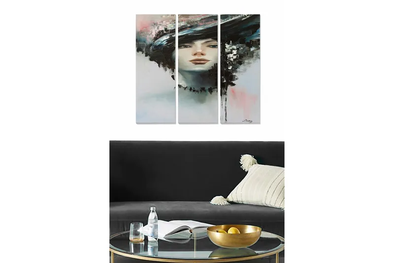 Puinen canvastaulu, 3 osaa, 50x70 cm - Muotokuva naisesta dramaattisella kampauksella ja abstraktilla taustalla, Musta / Valkoinen / Vaaleansininen