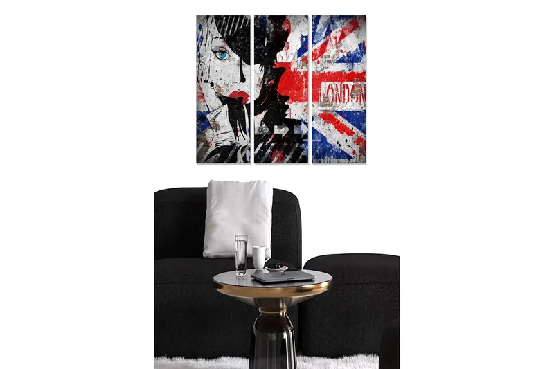Puinen canvastaulu, 3 osaa, 50x70 cm - Muotokuva sinisilmäisestä naisesta ja graafinen tausta, jonka inspiraationa on Britannian lippu, Punainen / Sininen / Musta