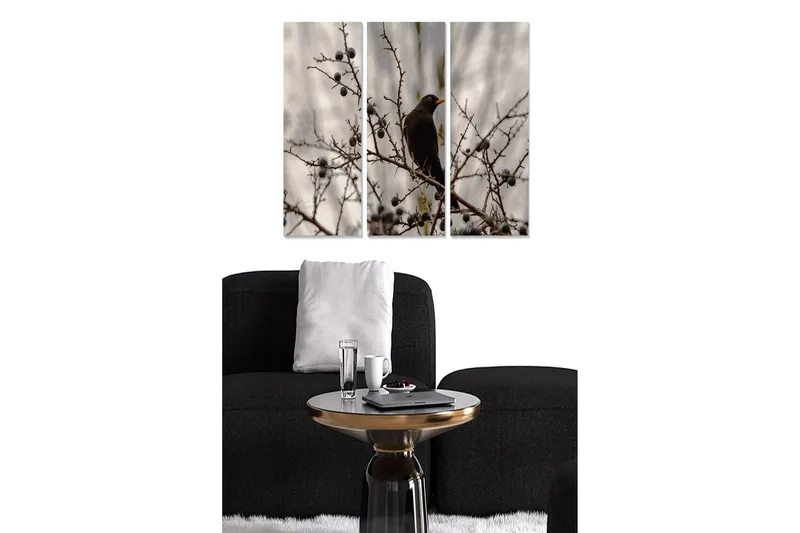 Puinen canvastaulu, 3 osaa, 50x70 cm - Musta lintu istuu oksalla marjojen kanssa, Musta / Harmaa / Ruskea