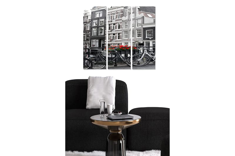 Puinen canvastaulu, 3 osaa, 50x70 cm - mustavalkoinen kaupunkikuva polkupyörillä ja punaisilla kukilla, Musta / Punainen / Valkoinen