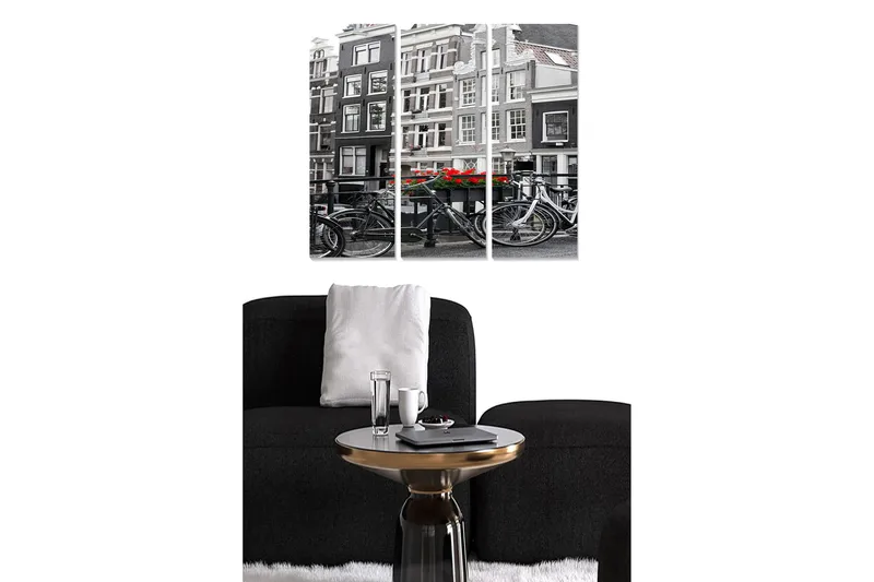 Puinen canvastaulu, 3 osaa, 50x70 cm - mustavalkoinen kaupunkikuva polkupyörillä ja punaisilla kukilla, Musta / Punainen / Valkoinen