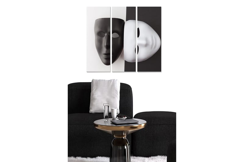 Puinen canvastaulu, 3 osaa, 50x70 cm - mustavalkoinen naamio, joka symboloi kaksinaisuutta ja identiteettiä, Musta / Valkoinen